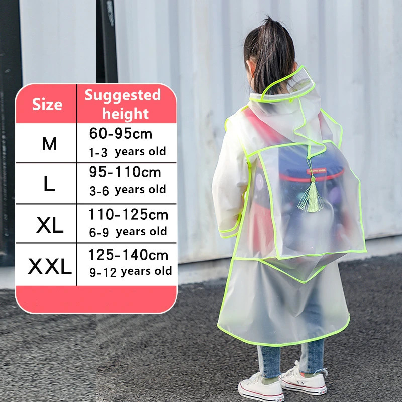 EVA Transparent Children Raincoat Girls Whole Body Waterproof Boys Kindergarten Pupils Poncho With Schoolbag Space 250515