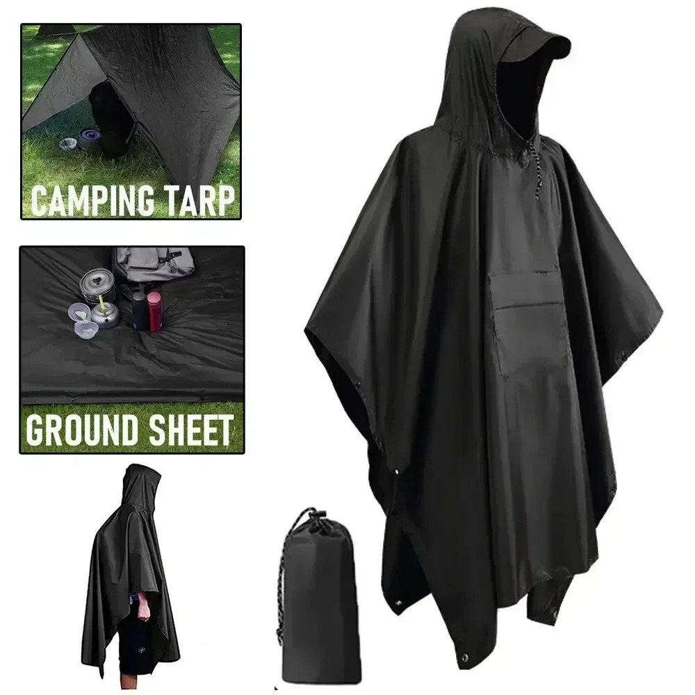 3 In 1 Outdoor Military Raincoat Hooded Sleeve Waterproof Rain Poncho Motorcycle Rain Cover Camping Hiking Travel Rainwear Tent 250515