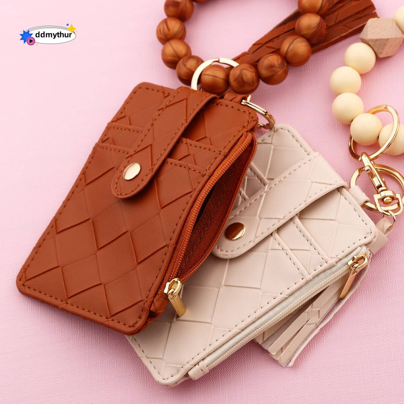 2025 New Arrival PU ID Credit Wallet with Wristlet Bangle Silicone Bead Tassel Card Holder Leather Keychain ddmythur