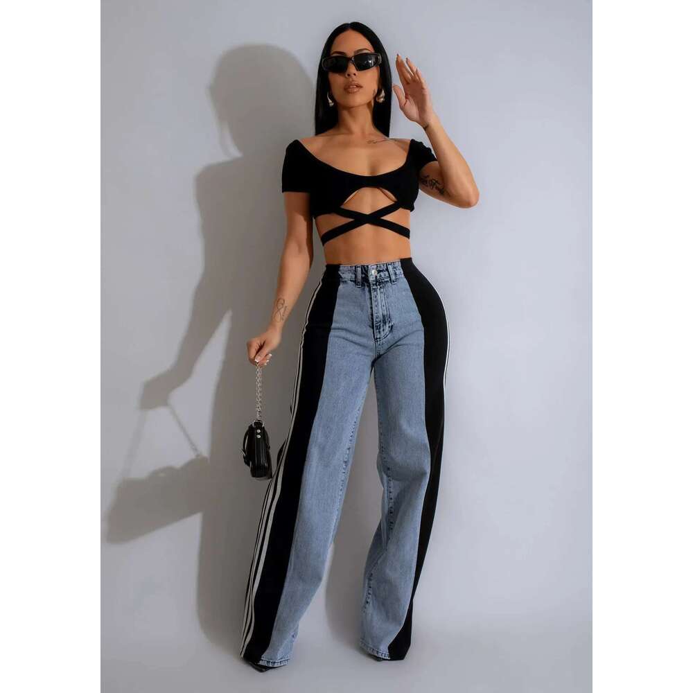 Sideseam Striped Wide Leg Jeans Women High Waist Stretch Denim Pants Patchwork Colorblock Straight Trouser
