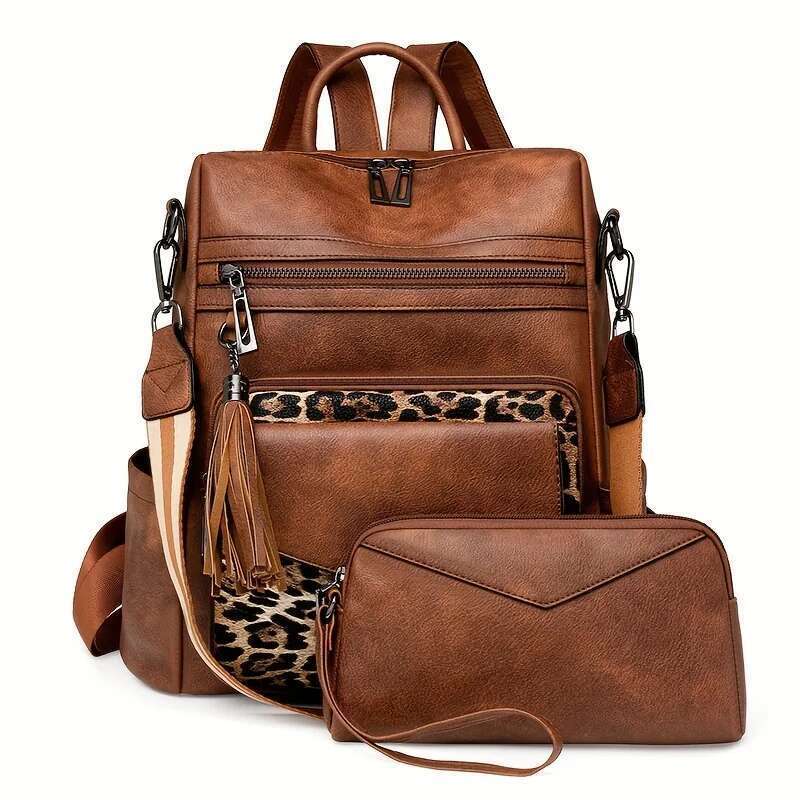 Vintage Women's Backpack Large Capacity Leopard Print Block Design With Tassel Stain-Resistant Leather