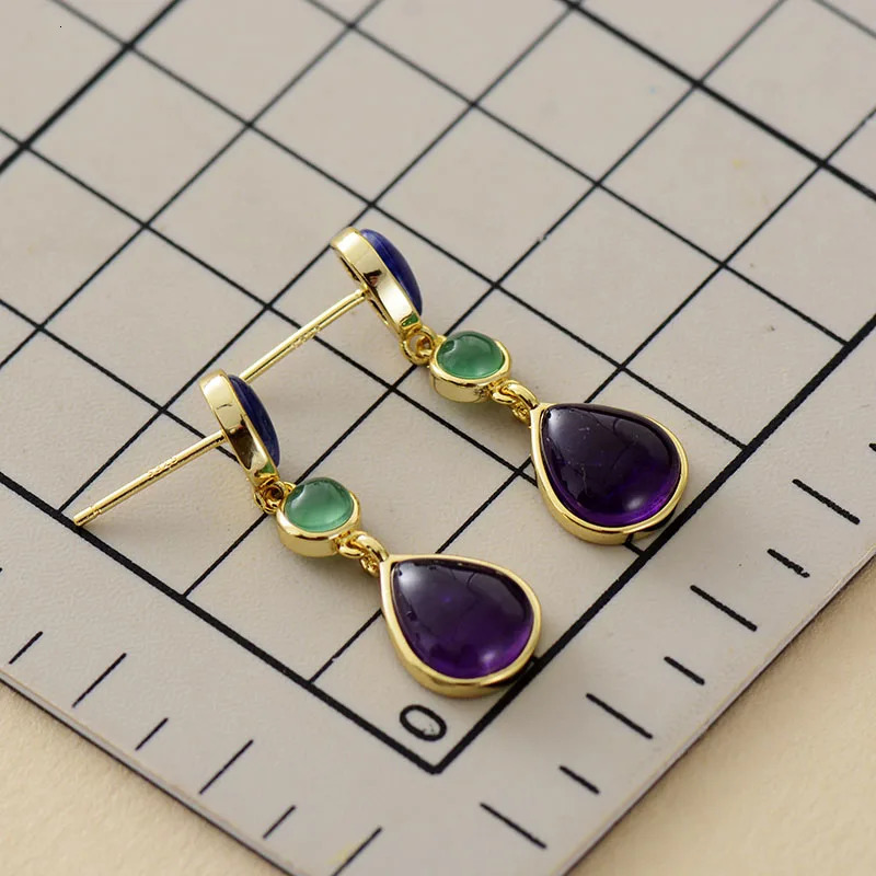 Classy Women Gold Plated Amethysts Lapis Stones Dangling Stud Earrings Party Bold Art Dec Jewelry Bijoux Wholesale 250515