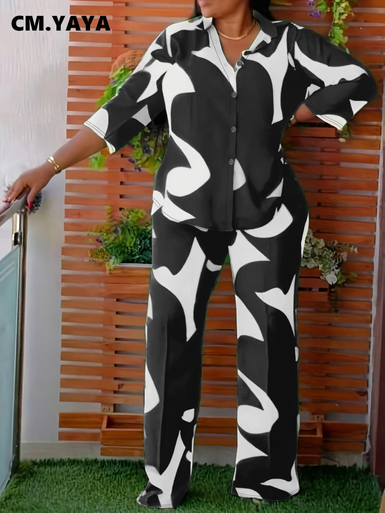 CM.YAYA Plus Size Loose Half Sleeve Women Set Button Shirt Straight Pants Suits Streetwear Tracksuit Summer Two 2 Piece Set 250514