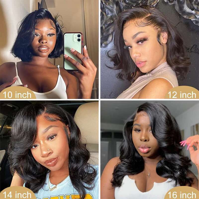 Body Wave Short Bob Wig 180 Density 13X4 Lace Front Human Wig 16 Inch 100% Brazilian Remy Pre Plucked With Baby Hair