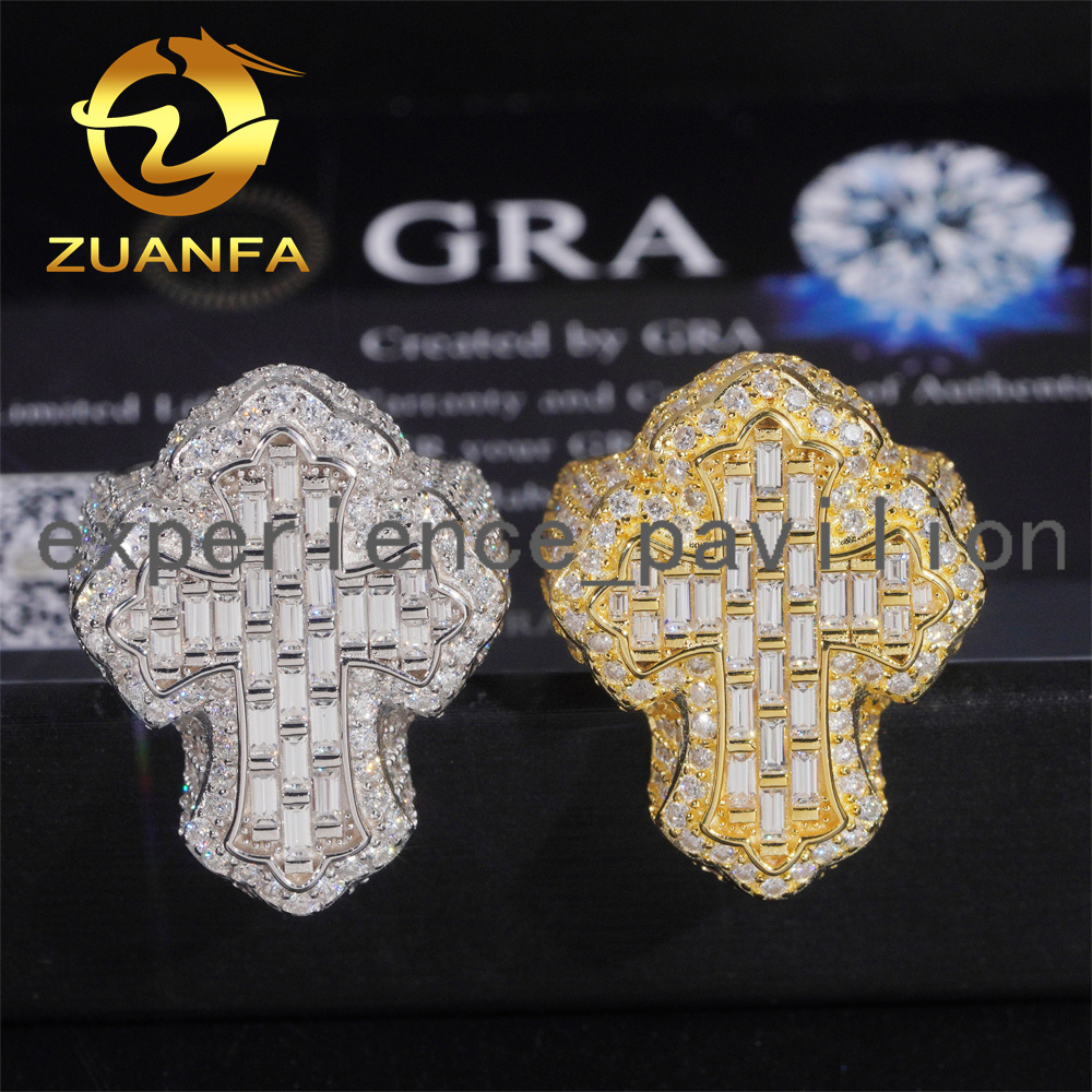 Hot Sale Instock Iced Out Cross Moissanite Diamond Rings 925 Sterling Silver Hip Hop Ring Pass Diamond Tester Men Cuban Ring