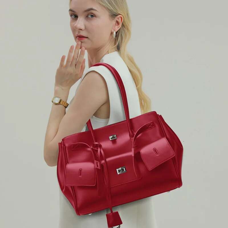 Genuine Leather Women's Cool Motorcycle Platinum Square Buckle Simple And Versatile Large Capacity Travel Underarm Tote Bag