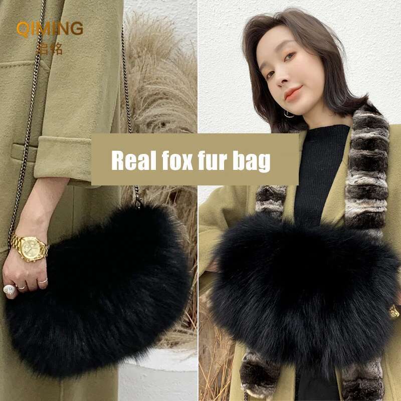 Fashion Designer Purse Real Fox Women Winter Chain Shoulder Purses And Handbags Fur Handbag Large Clutch Bag