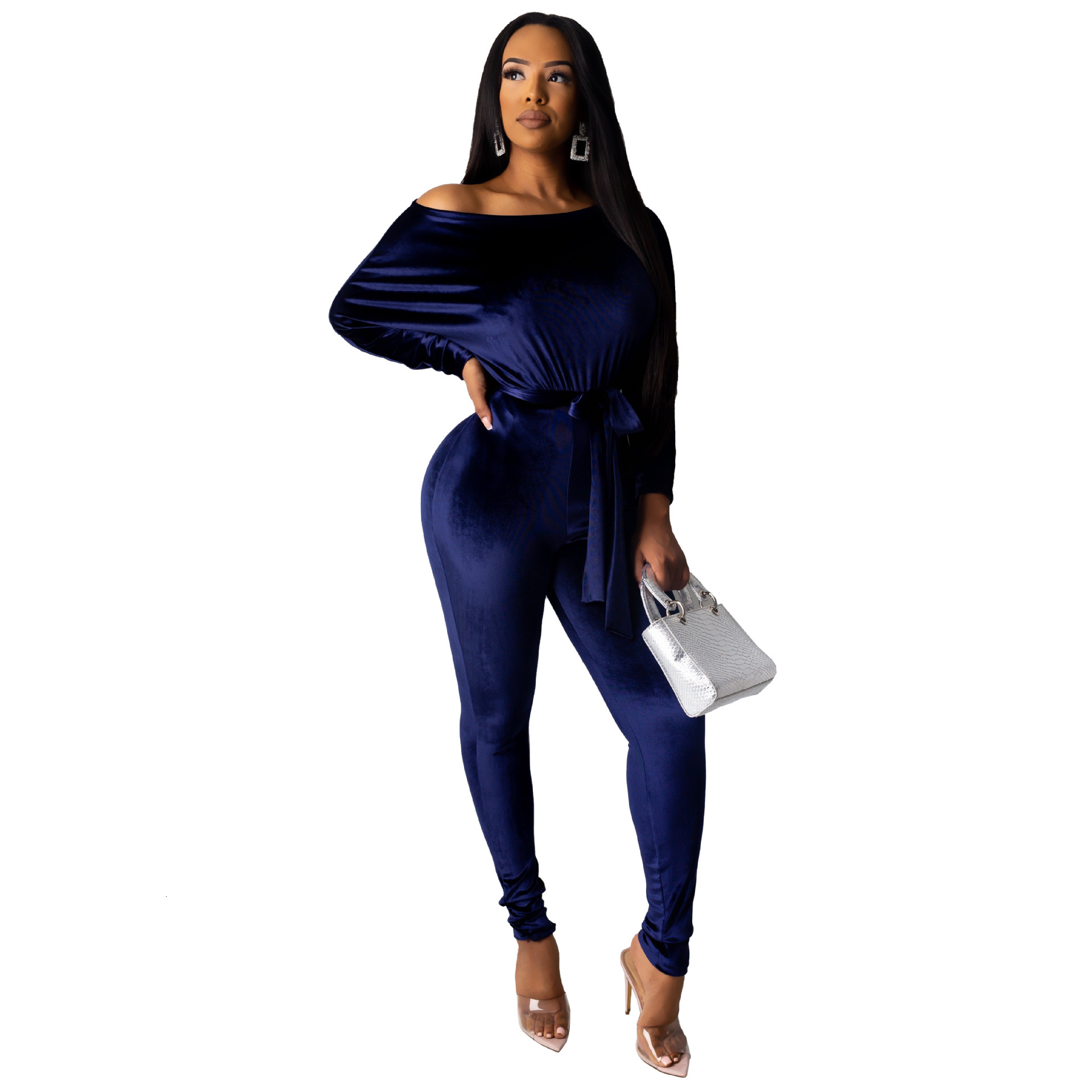 Hr8089 womens Velvet elastic one-piece pants with one shoulder bat sleeve and belt
