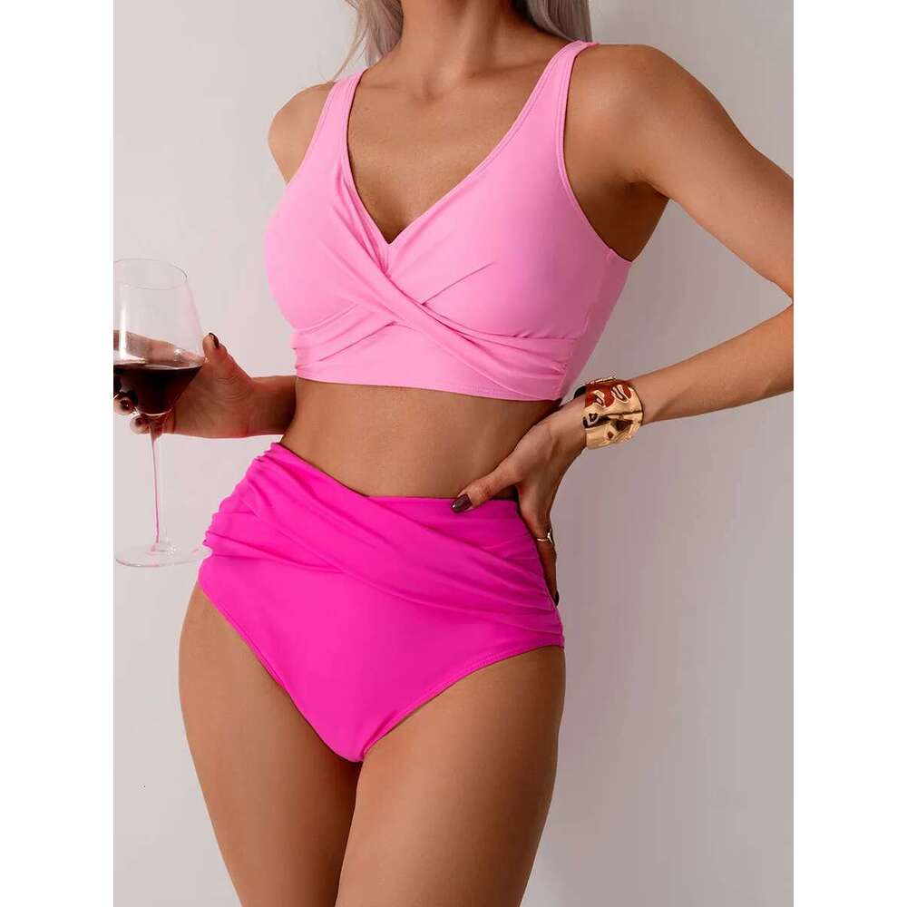 Vintage Hot Pink Patchwork Bikini Women V Neck Cross Pleate High Waist Swimsuit 2025 Holiday Bathing Suit Swimwear Large Size