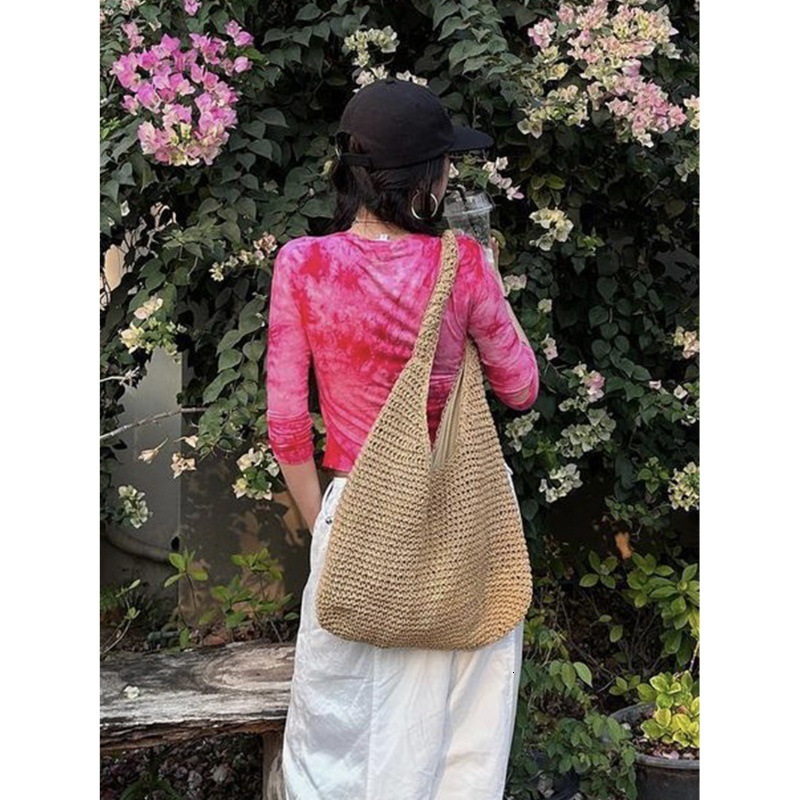 New single shoulder large capacity women's summer canvas beach vacation bag woven bag casual designer fashionable lazy style hand-held woven bag 
