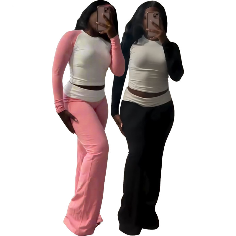 HR24061 womens contrasting color tight fit high waist folding slim fit pants with fleece set
