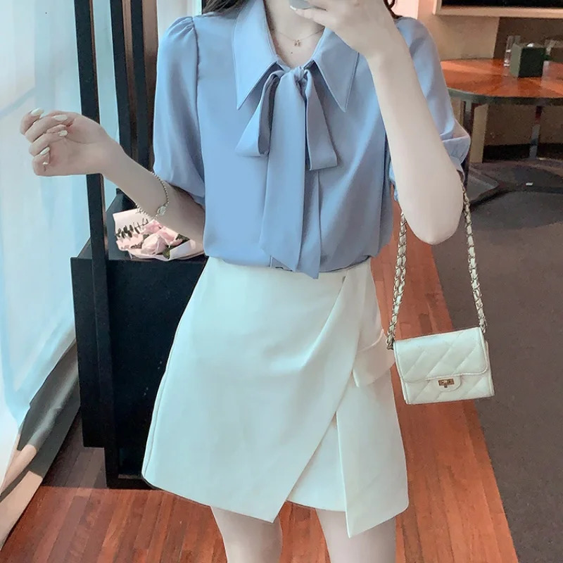 Spring Summer Elagant Chiffon Womens Bow Blouse Short Sleeve Turndown Collar Korean Casual Loose Office Shirts Female 250515