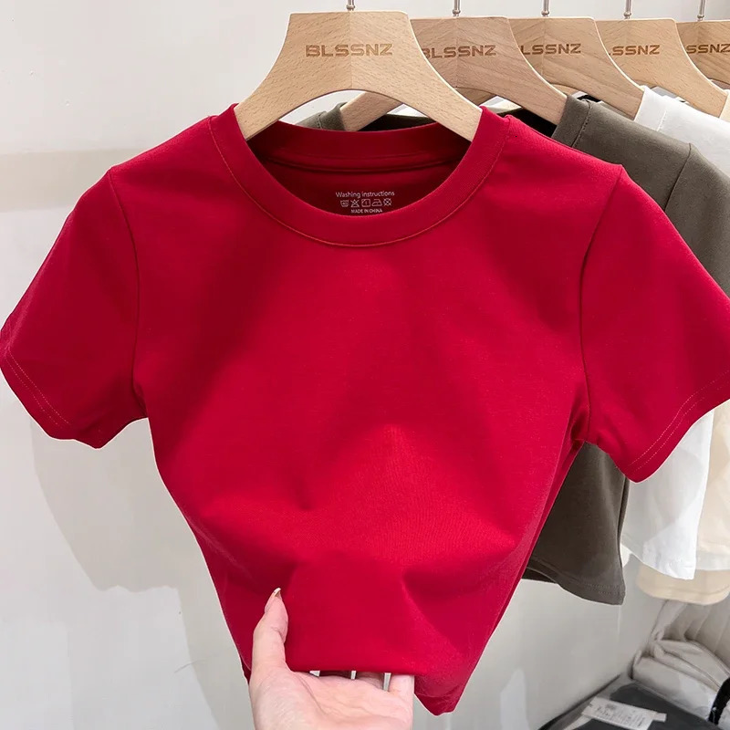 Casual Black White Fashion Crop Top T Shirt Solid Basic Short Sleeve Womens Tshirt Ladies Korean Tee Streetwear 250506