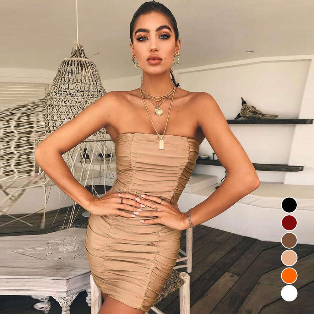 Spring summer European and American women's sexy strapless nightclub pleated hip hing dress 8505 2025 new casual fashion trend clothing