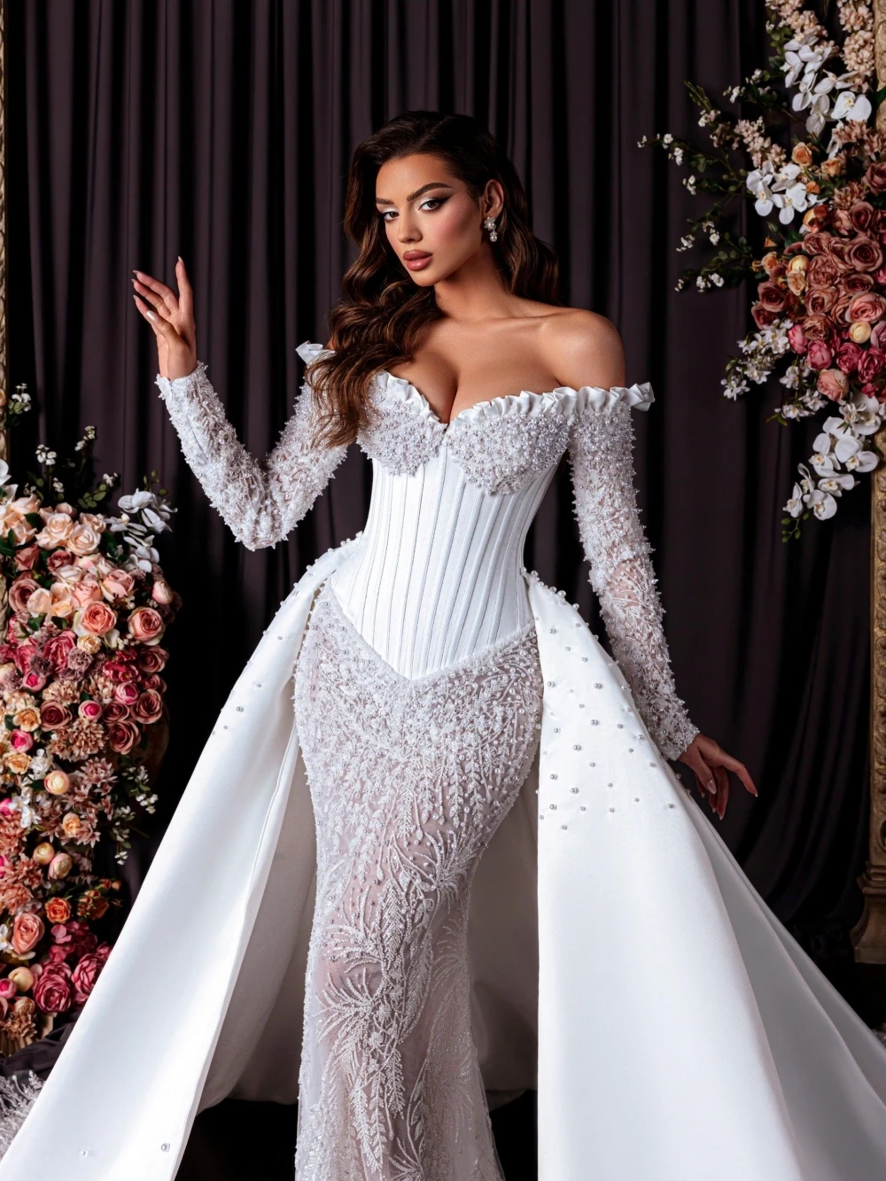 Luxurious Mermaid Wedding Dress Off Shoulder Long Sleeves Bridal Gowns Appliques Beaded Detachable Train Dresses Custom Made vestidos de novia