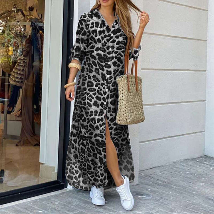 White Dress Maxi Dress 2023 New Spring And Autumn Leisure Leopard Pattern Fashion Split Extra Long Women's Shirt Dress KQ