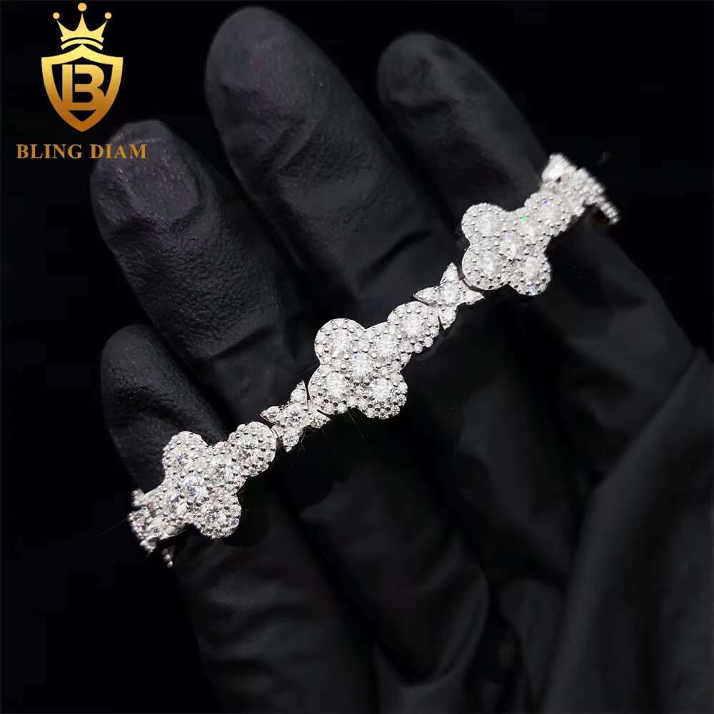 Iced Out 925 Silver Pass Diamonds Tester Moissanite Cuban Link Chain 10mm 13mm Flower Cross Bracelets
