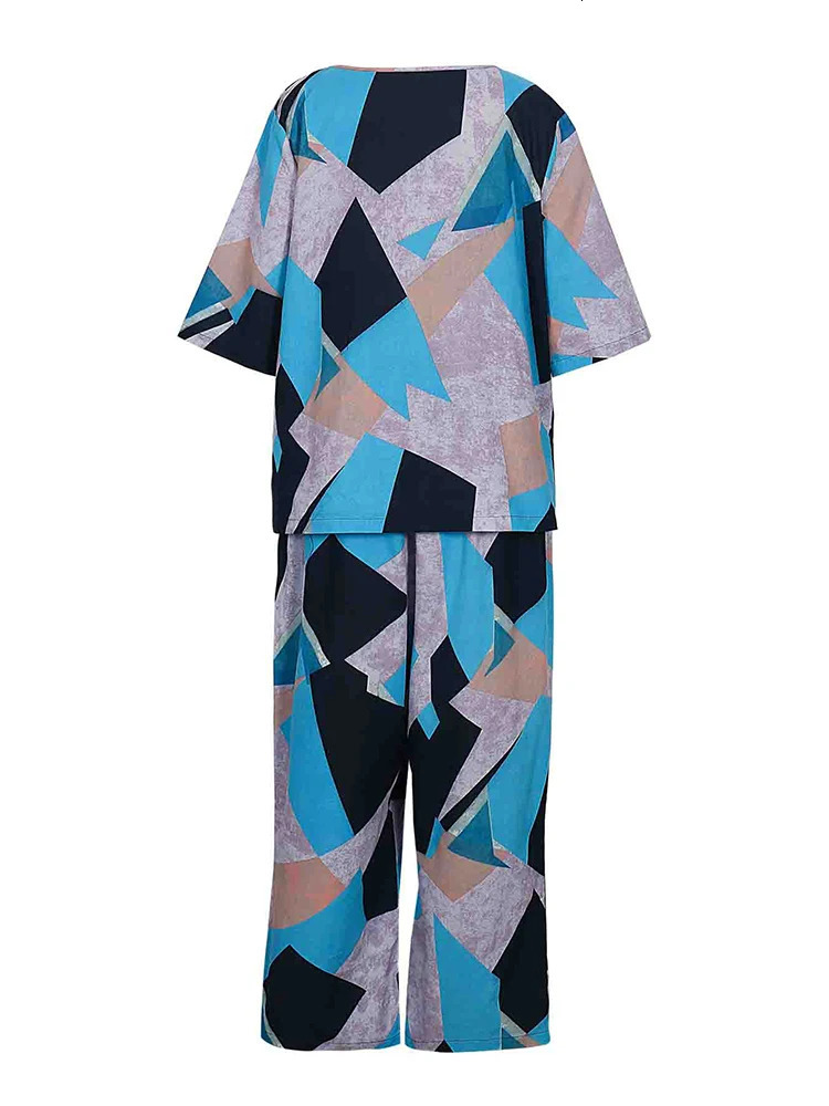 plus Size 2025 Womens Short Sleeve Pleated Suit Irregular Patterned Shirt Wide Leg Pants 2 Piece Fashion Sweatshirt Set 250514