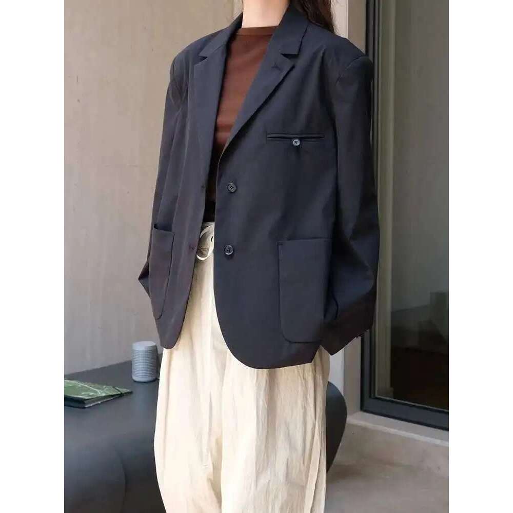 EAM Women Blue Pocket Brief Thin Big Size Blazer New Lapel Long Sleeve Jacket Fashion Tide Spring Autumn 2025 1Dh6593