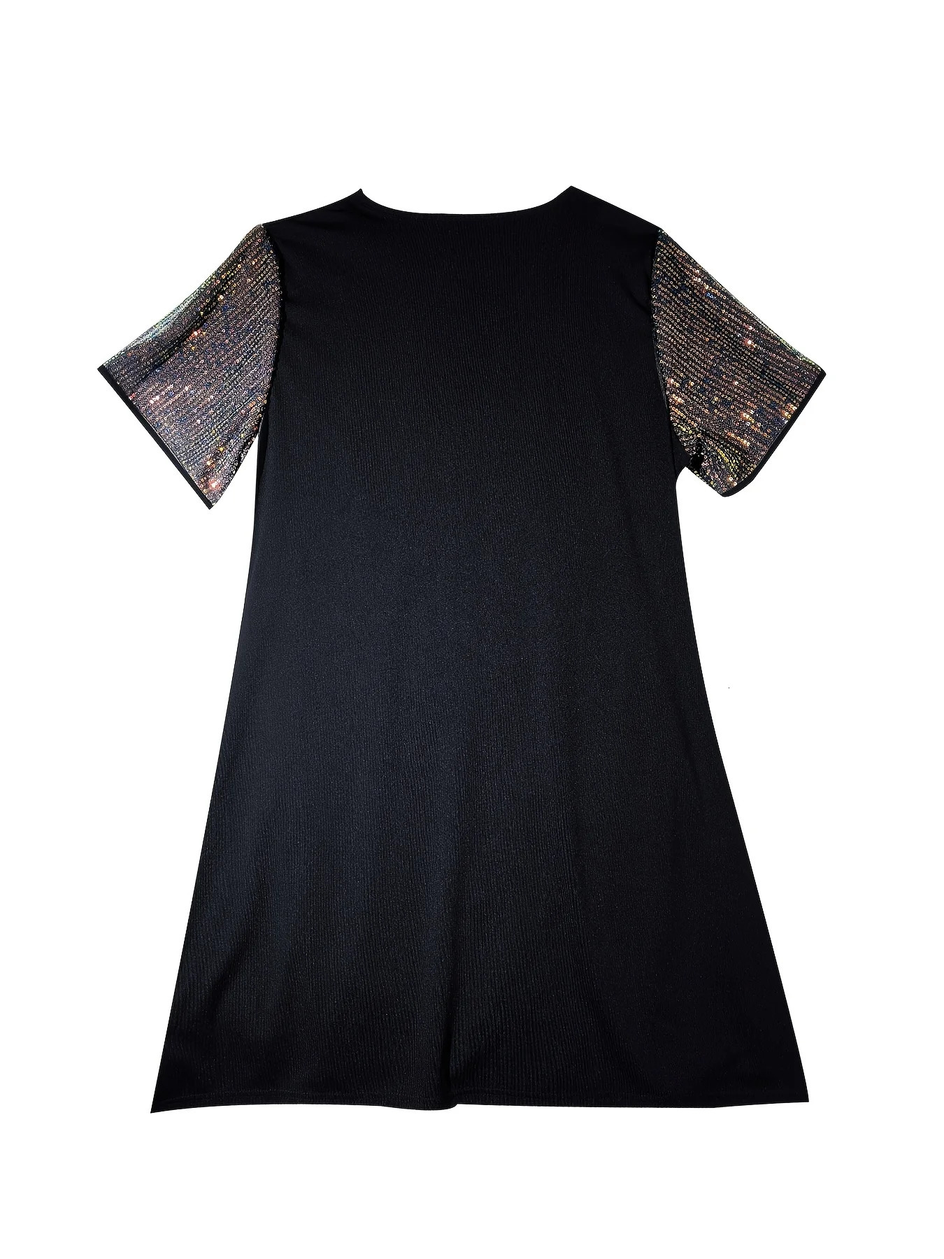 Plus Size Womens Elegant Short Sleeve Contrast Color Midi Dress Sequin Detail Black Polyester Casual Outing Knit Fabric 250509