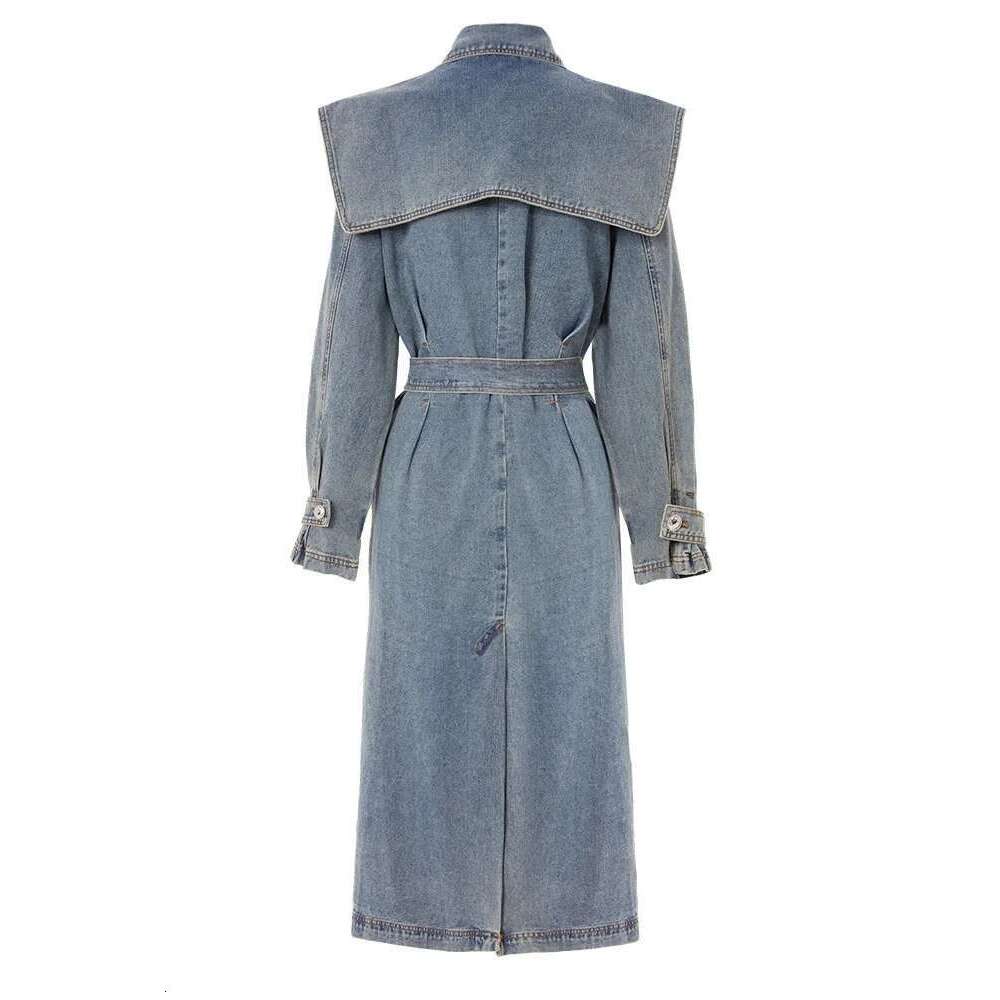 DEAT Fashion Women's Denim Jackets Loose Layer Collar Double Breasted Sashes Long Sleeve Overcoat Autumn 2025 New 17A4709
