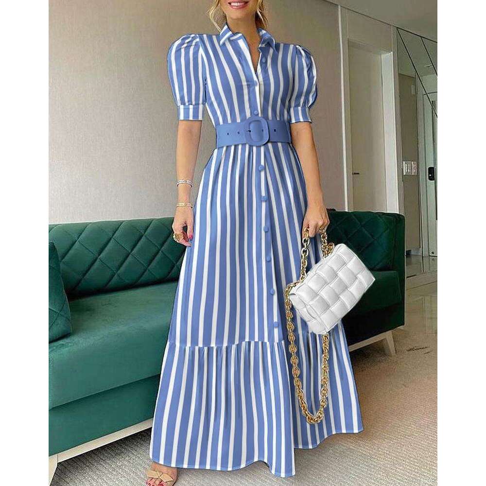 White Dress Maxi Dress 516 # New Style Commuting Long Short Sleeved Large Hem Dress With Belt KQ