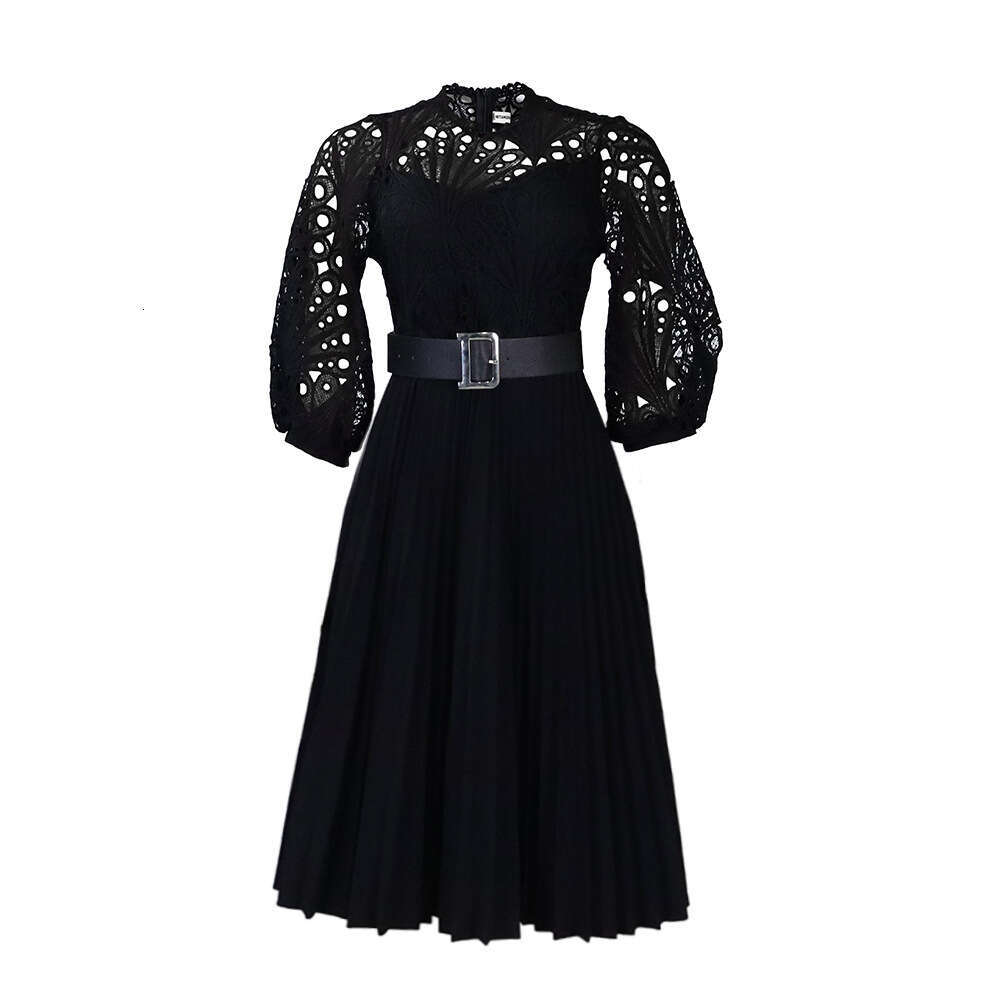 D254 summer oversized lace hook flower sexy hollow out pleated dress