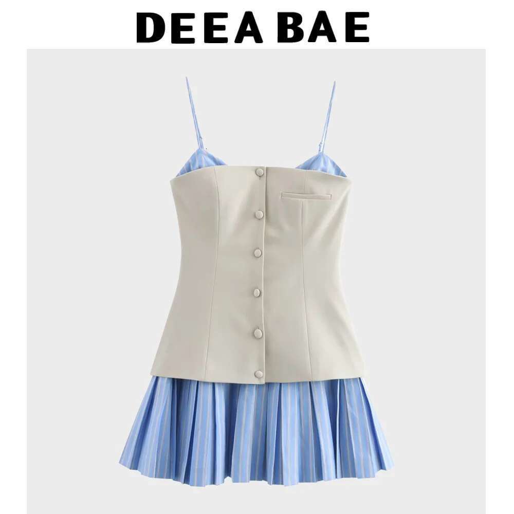 DEEABAE 2025 New Blue College Style Waist Ing Striped Pleated Suspender Dress For Small Women