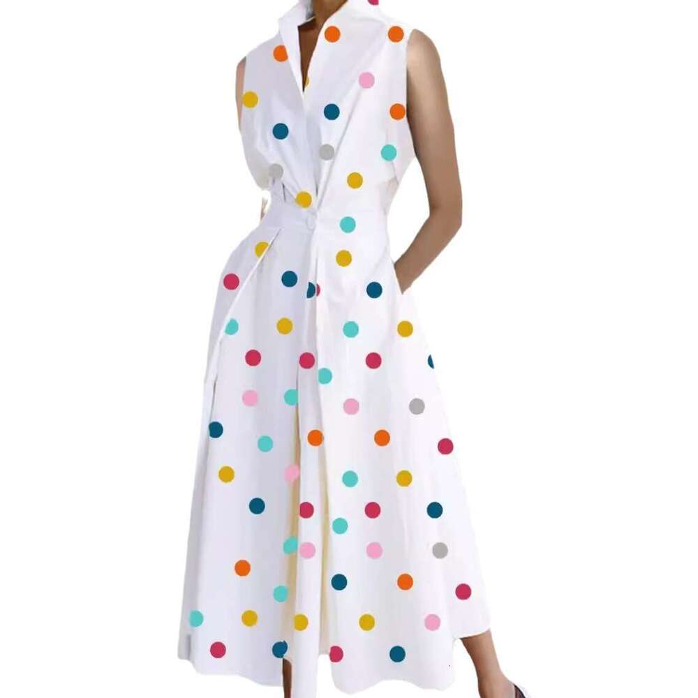 White Dress Maxi Dress 2024 Summer New Commuter Fashion Wave Dot V-Neck Women's Button Fishtail Dress KQ