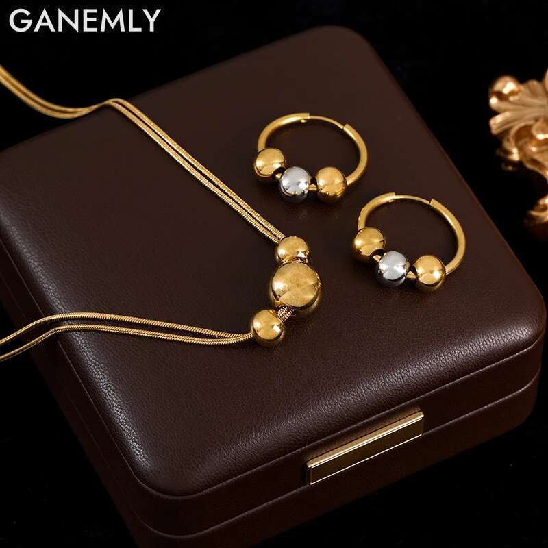 GANEMLY 316L Stainless Steel Beads Balls Necklace Earrings For Women Fashion Party Gift Gold Plated Waterproof Jewelry Set