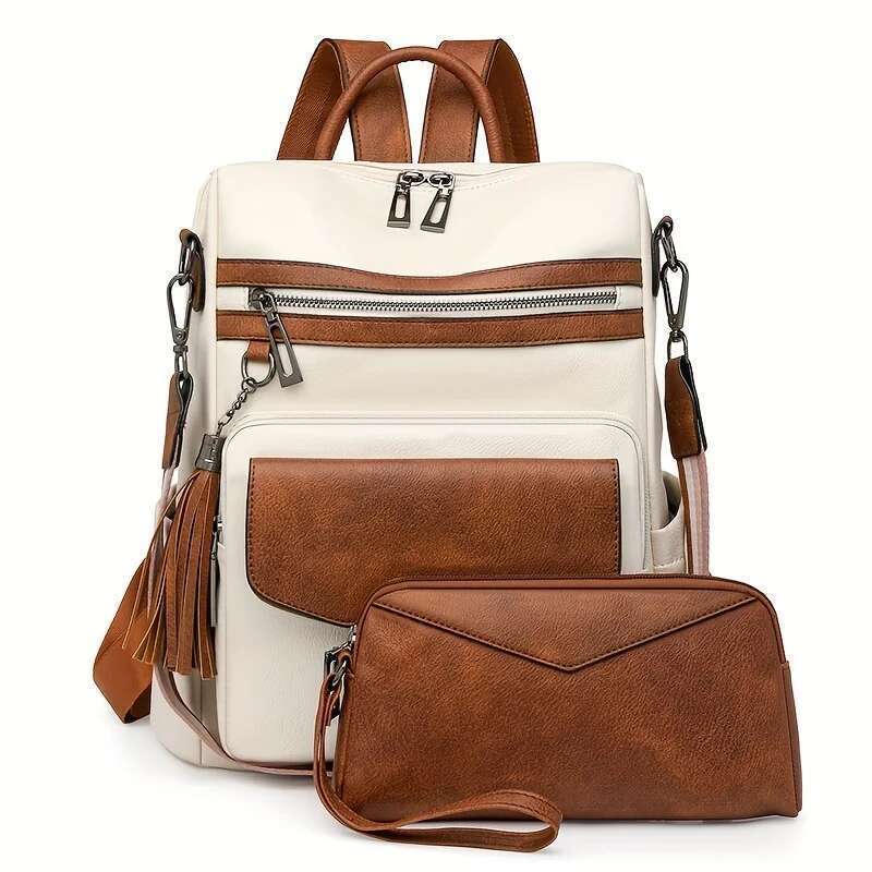 Vintage Women's Backpack Large Capacity Leopard Print Block Design With Tassel Stain-Resistant Leather