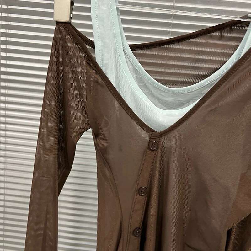 2025 Summer New Slanted Shoulder Mesh Shirt For Women Slim Fit Splicing Fake Two-Piece Long Sleeved Tops Female 11A04431