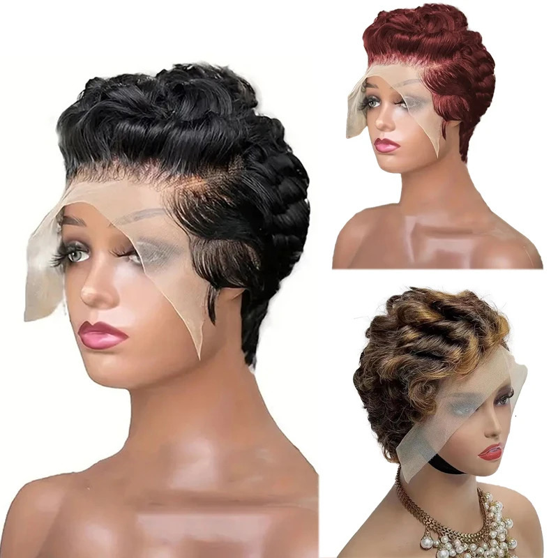 Pixie Curly 100% Human Hair Wig 13x4 Short Bob Wig Pixie Cut #350 Colored 99J Lace Frontal Human Hair Wigs for Black Women 250512