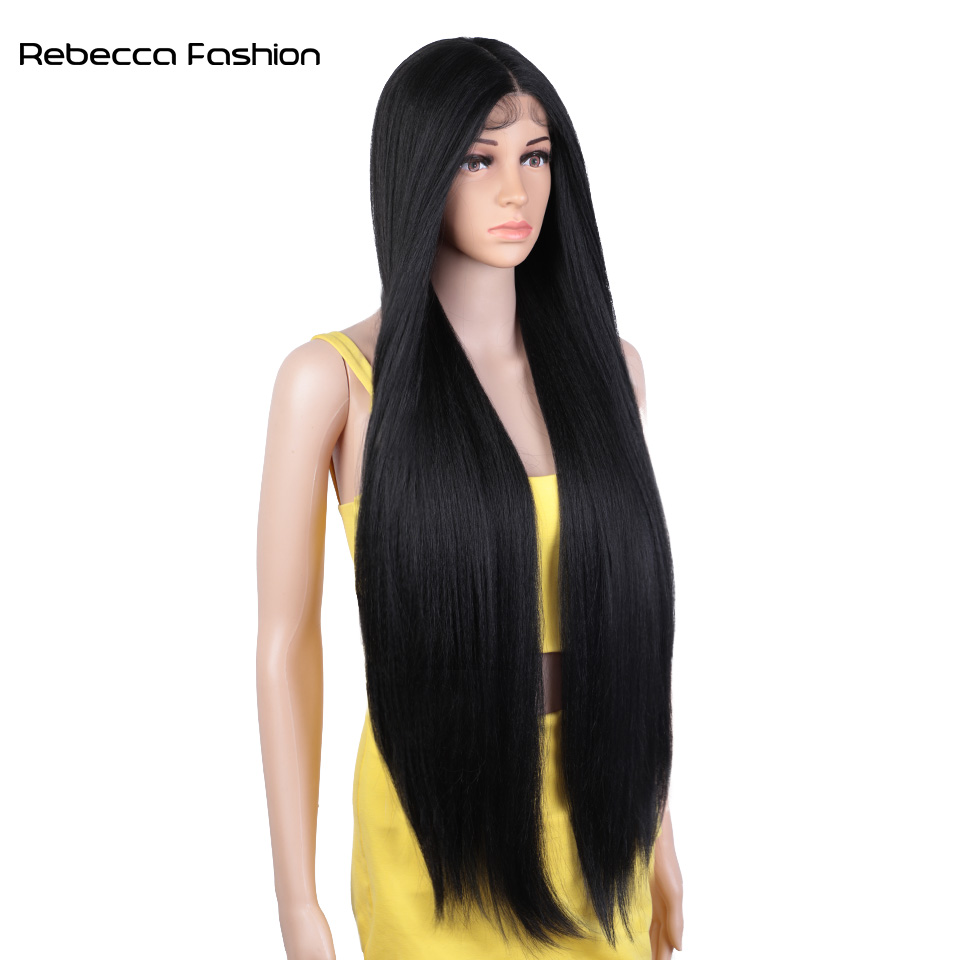 Rebecca Fashion Straight Synthetic Lace Front For Women 36 Inch Long Natural Black Lace Frontal Wigs Cosplay Wig