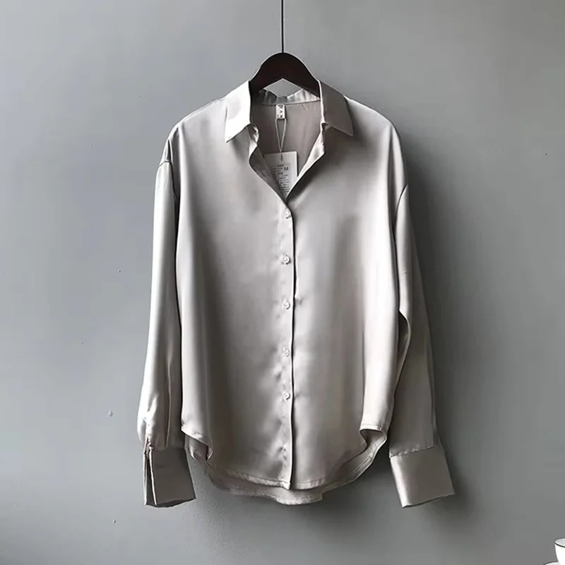 Women Shirt Turndown Collar Solid Color Satin Blouses Fashion Autumn Office Lady Elegant Tops Spring Long Sleeve Clothing 250515