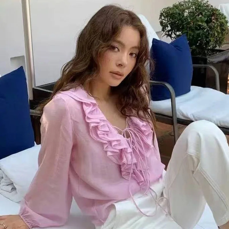 TRAF Woman Oversized Frill Blouse Spring Shirts Blouses SeeThrough Chiffon Long Sleeve Top Layered Plus Size 066 250515