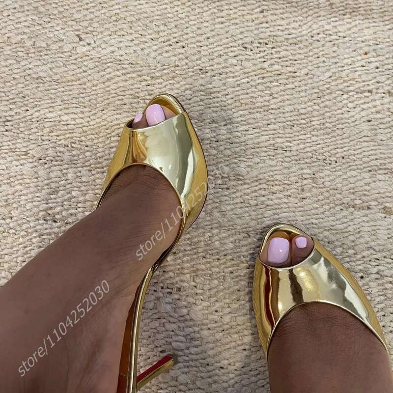 Rainbow Patent Gradient Peep Toe Heels Girls Cute Slippers Slingback Open Sandals Gold Leather Mirror Sexy Women Shoes