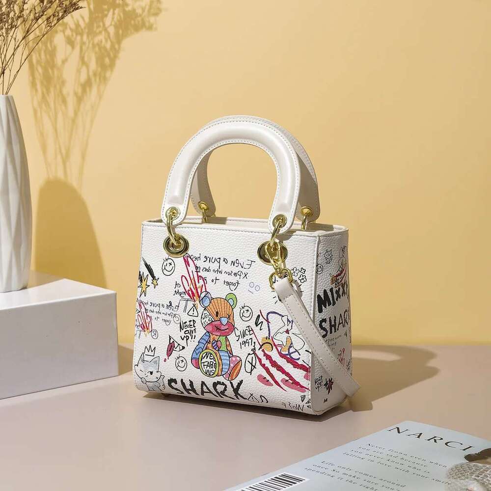 Women Tote Leather Crossbody Bags Female Daily Commute Square Shoulder Versatile Dinner Fashion Cartoon Print Bucket Bag