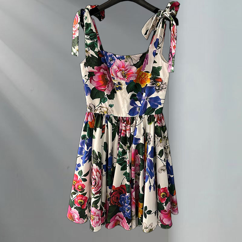 Summer Women's Flower Print Cotton Mini Dresses Designer Fashion Square Neckline Adjustable Straps Waist Up Pleated Vestdios Trendy High-Quality 