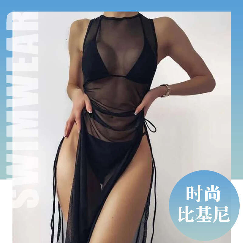 European and American bikini multi-color solid color long skirt sexy split three piece set women's swimsuit 2025 temperament versatile new trend 