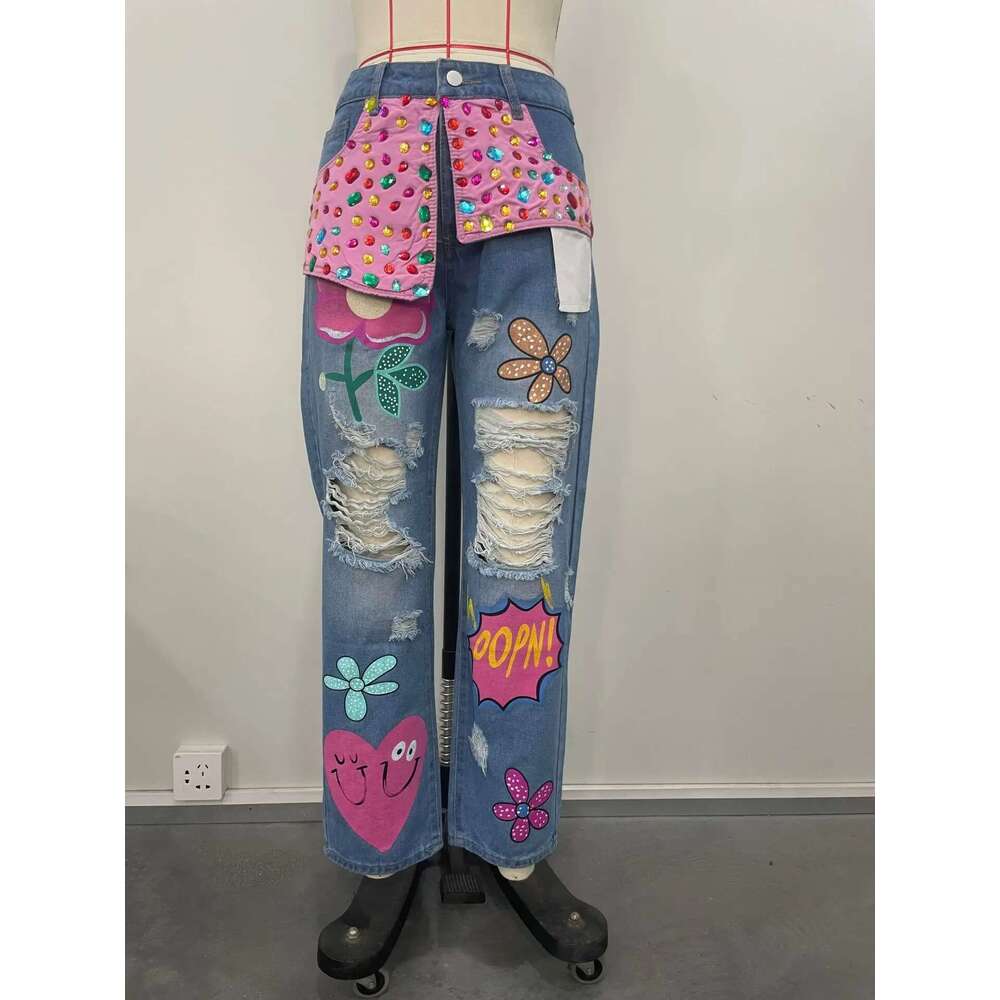 Chic Women Spring Floral Embroidery Dias Beaded Holes Denim Pants High Waist Loose Rhinestones Jeans Cowboy Broken Trousers