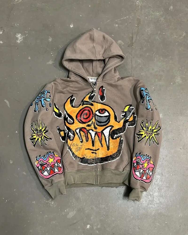 American Gothic trendy letter pattern printed oversized hoodie men's Y2K fashion Haruku all-match loose zipper sweatshirt