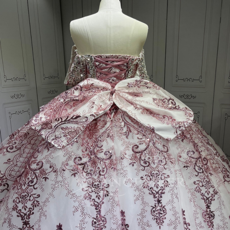 Pink Shiny Quinceanera Dresses Off Shoulder Ball Gown Sweet 16 Dress Beading Sequin Applique Lace Bow Tull Birthday Party Vestidos 15 Anos
