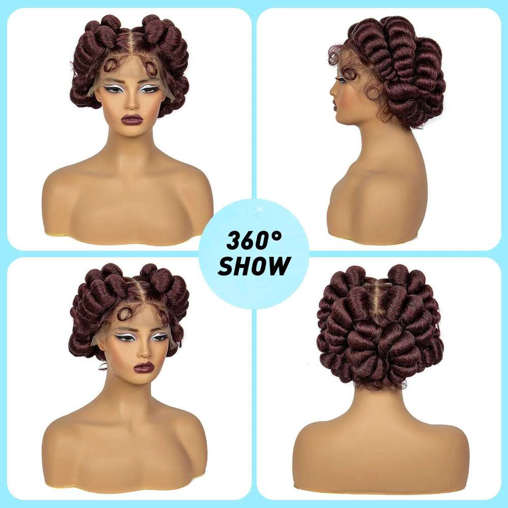 Bury 99J Handmade Bantu Wigs with Baby Hair Short Cute Synthetic Full Knotless Braided Lace Wig For Black Women