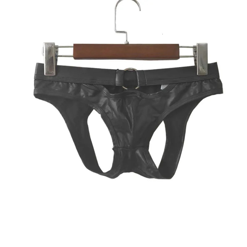 Mens G-string Thongs Hollow Back Jockstrap Sexy Gay Underwear Black Faux Leather Panties Man Lingerie Erotic Penis Underpants 250515