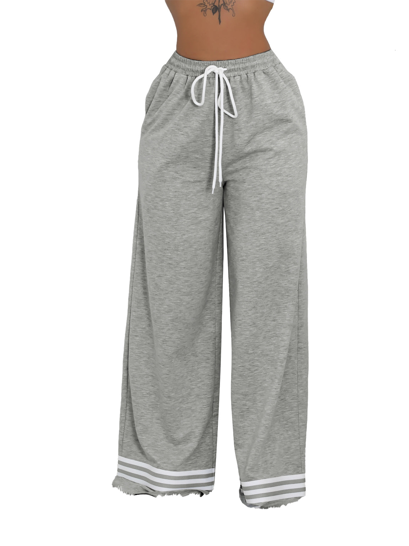 HR24052 casual womens loose fit striped contrasting pocket wide leg pants long pants