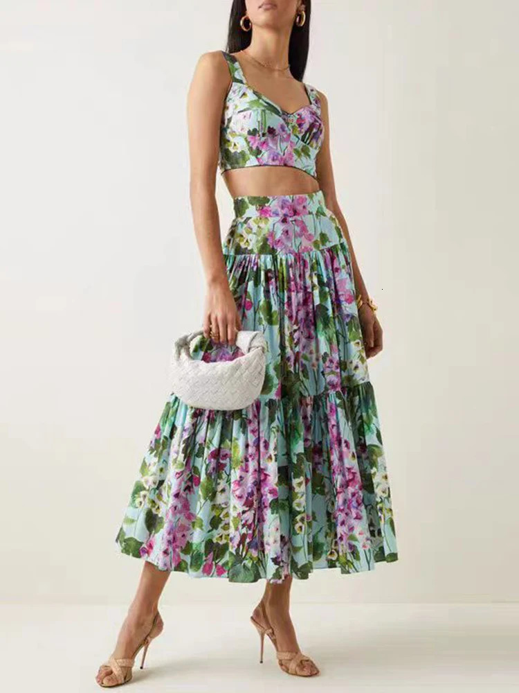 summer womens retro printed sexy suspender strapless twopiece sethigh waist loose pleated skirt fashion set 250515