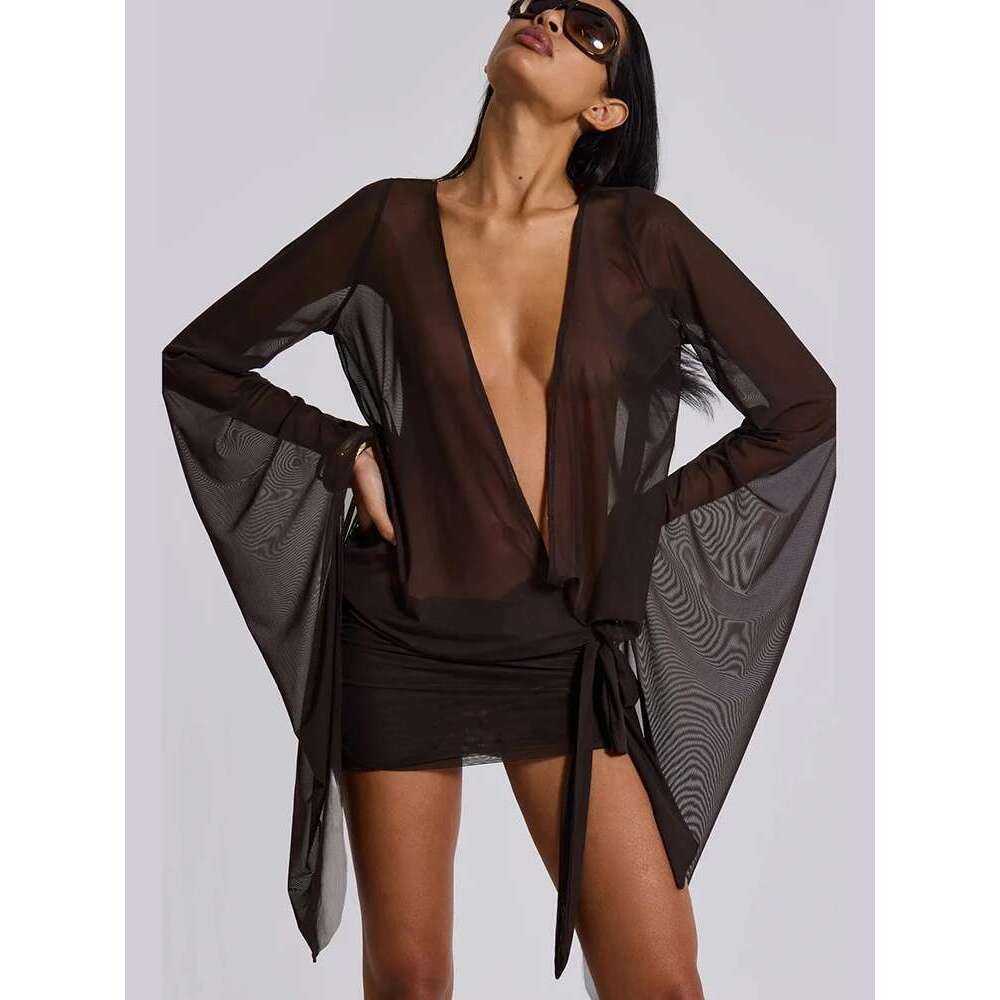 Nibber See Through Sexy Summer Dress Women Cross Bandage Low-Neck Backless Flare Sleeve Coquette Midnight Party Bodycon
