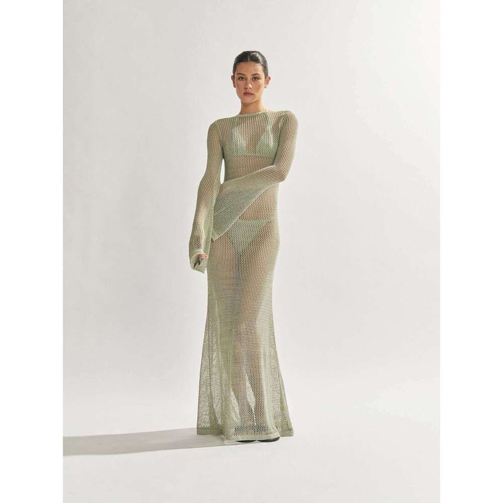 White Dress Maxi Dress Women's New Summer Knitted Sleeve Open Back Sexy Perspective Floor Sweeping Long Dress KQ