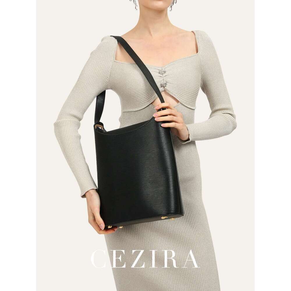 CEZIRA Fashion Stripes Texture PU Leather Shoulder Bags Women Single Strap Square Bucket Handbags Daily Commute College Travel